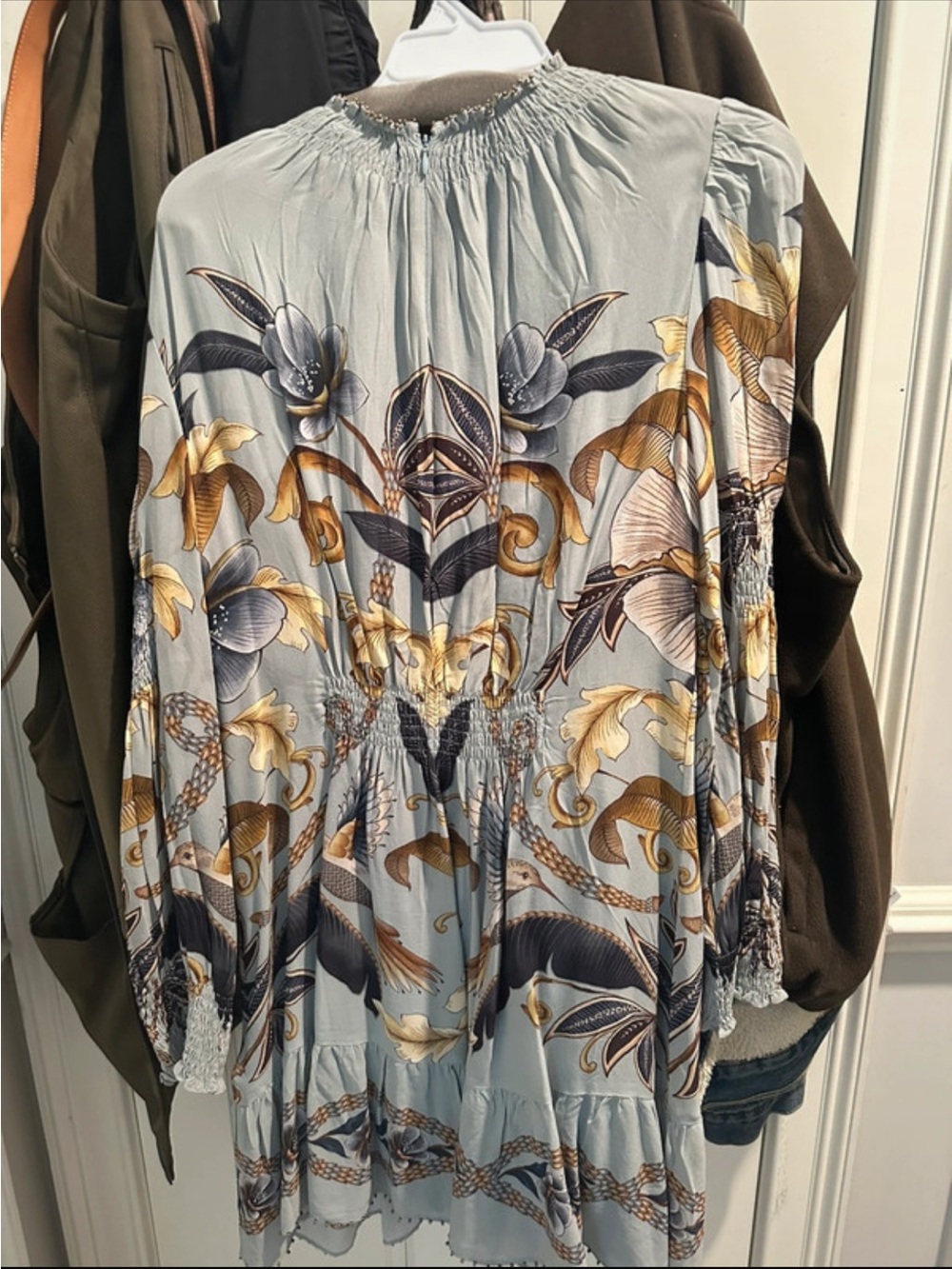 FARM Rio Light Blue Floral-Paisley Mini Dress with Gold Accents